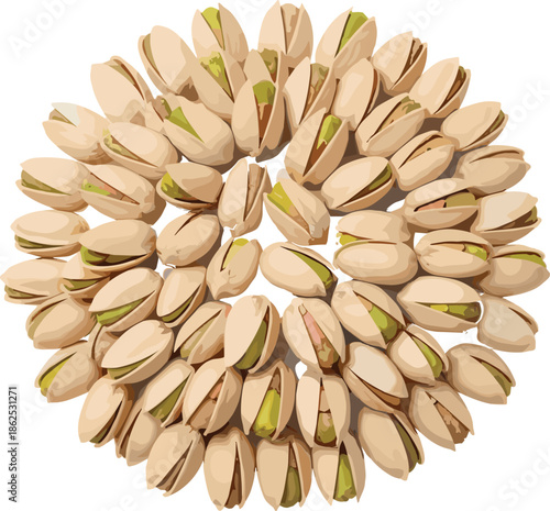 Pistachio nut circle, food symmetry, mandala design, natural texture, green nuts, beige shells, artistic snack, white background, concentric pattern, healthy food, nut arrangement, culinary art,