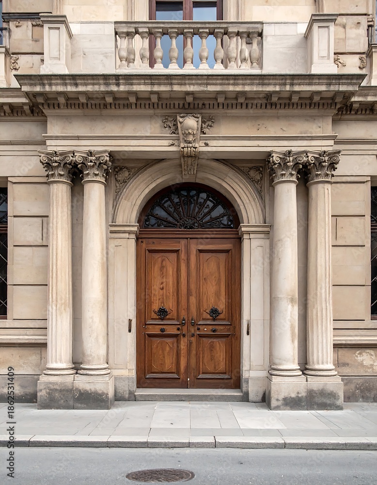 Obraz premium Ornate entrance to a building, featuring columns and detailed stonework