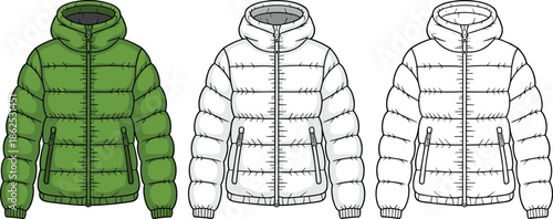 Puffer jacket illustration in three stages – full color, partial color, and technical sketch
