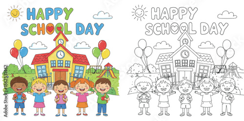 Happy School Day Illustration for Kids with Colored and Line Art Versions, Featuring Diverse Students, School Building, Playground, and Balloons for Coloring Books and Primary Education.