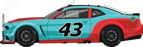 Profile view of a modern stock racing car with light blue and red livery and number 43 design