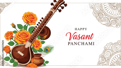 Happy Vasant Panchami festival celebration banner with Indian musical instrument veena, yellow roses, peacock feather, decorative mandala borders, cad drawing flat vector illustration.