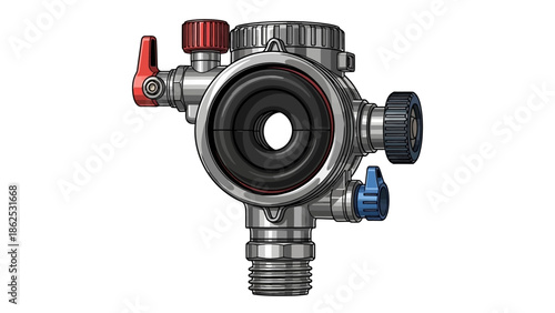 Illustration of a plumbing device with red and blue valves.