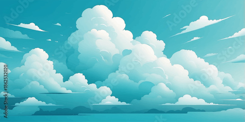 Beautiful blue sky with fluffy white clouds and bright summer sun reflecting over the calm ocean horizon on a clear day