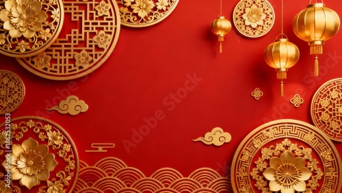Elegant red and gold Chinese New Year design featuring intricate circular patterns traditional lanterns and decorative cloud motifs on a vibrant background.