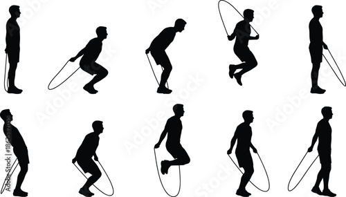 Jump rope exercise silhouettes showing fitness workout movement isolated on white background cardio training illustration vector set for healthy lifestyle