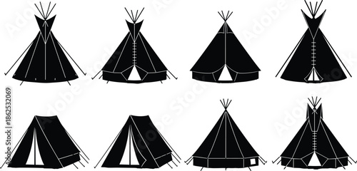 Set of Native American Indian tipi and camping tent black silhouettes isolated on white vector background.