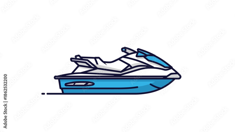 Naklejka premium Dynamic illustration of a modern personal watercraft, showcasing a sleek blue and white design perfect for high-speed summer adventures and exhilarating aquatic recreation