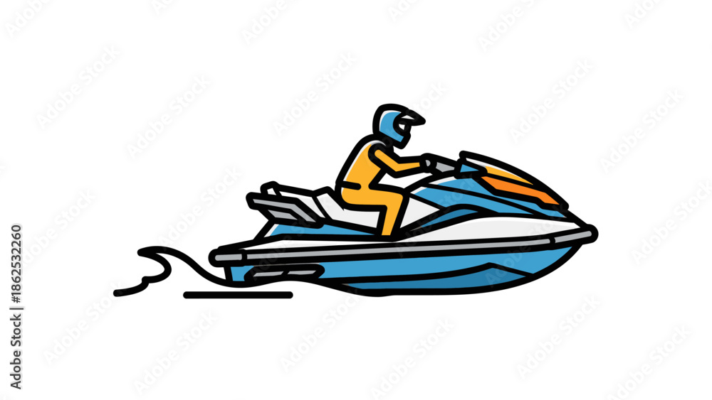 Naklejka premium Exciting water sport adventure featuring a person enjoying a fast ride on a personal watercraft across the open water, perfect for summer recreation and active holidays