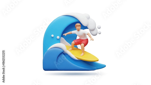 Dynamic 3D illustration of a vibrant surfer riding a powerful blue ocean wave, embodying the spirit of summer adventure and extreme water sports