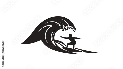 Surfer Riding a Wave in a Bold Black and White Illustration