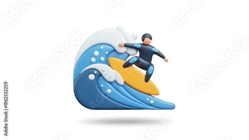 Dynamic 3D illustration of a surfer skillfully riding a big ocean wave, showcasing the thrilling sport of surfing with vibrant blue water and a stylized athlete