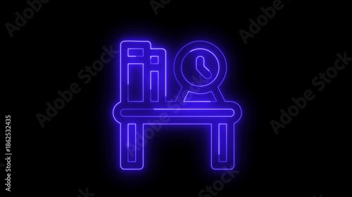 Neon work table with desktop computer and clock on dark background seamless loop