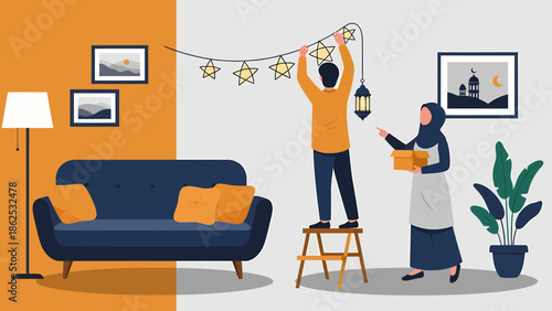 Couple decorating a living room with festive string lights and Ramadan lantern, preparing for the holy month