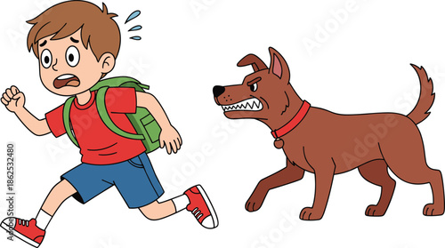 Cartoon Illustration of a Terrified Young Boy with a Backpack Running Away from an Aggressive Barking Dog for Child Safety Education