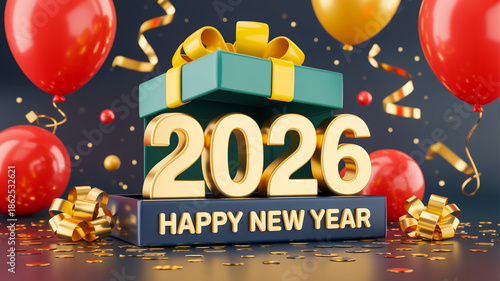 A festive New Year's Eve celebration image featuring golden 3D text 2026 and Happy New Year against a dark background
