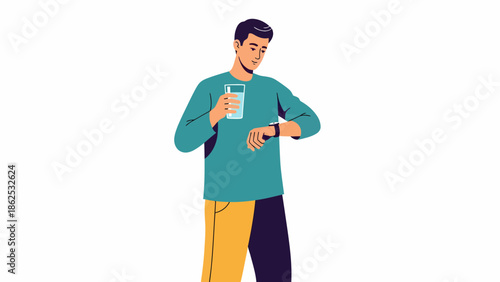 Man looking at his wristwatch while holding a glass of water
