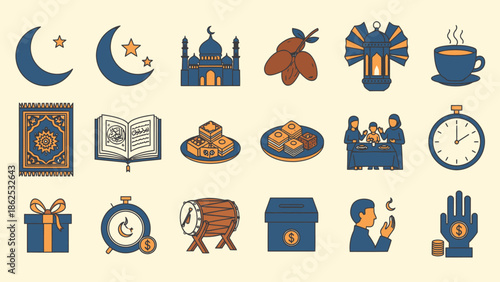 Ramadan Icons Set: Crescent Moon, Mosque, Dates, Lantern, Prayer Rug, Quran, Sweets, Family Meal, Timer