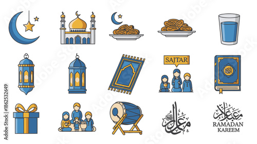 Ramadan Icons Set: Crescent Moon, Mosque, Dates, Lanterns, Prayer Mat, Quran, Family Gathering