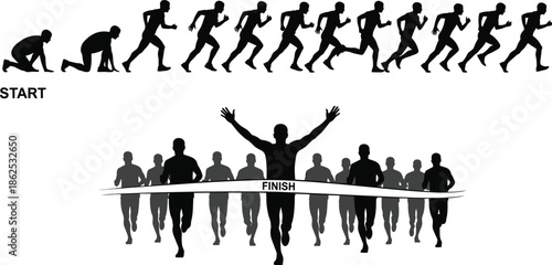 Professional Runner Silhouettes Collection Featuring Sprint Start Sequence and Marathon Finish Line Success for Athletics Competition Training and Sports Achievement Design