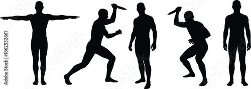 Human silhouettes with knife attack poses, crime and violence concept figures isolated on white background illustration for security awareness design