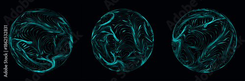 blue glowing topographic spheres with digital energy lines and fluid motion on black background for futuristic technology design