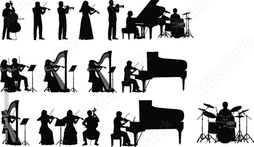 Large Collection of Musical Orchestra Silhouettes Featuring Violinists Cellists Pianists Harpists and Drummers for Classical Music Concert and Live Performance Design