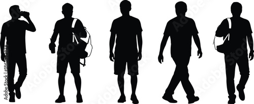Collection of Casual Male Silhouettes Walking Carrying Backpacks and Drinking Coffee for Urban Lifestyle Student Commute and Social Community Representation