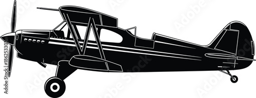 Vintage Propeller Biplane Silhouette Side View Isolated on White for Aviation History Travel Flight Transportation Aerospace Engineering and Retro Pilot Design