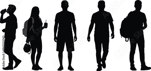 Diverse Group of Casual People Silhouettes Walking Carrying Backpacks and Drinking Coffee for Student Lifestyle Urban Commute and Social Community Design