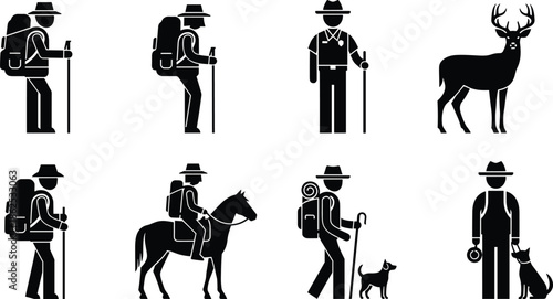 Outdoor Adventure Silhouettes of Hikers with Backpacks Park Ranger Horseback Riding and Deer for Nature Exploration Camping and Wildlife Conservation Design