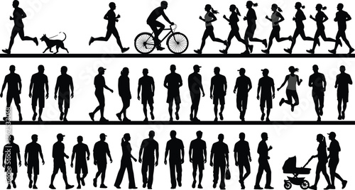 Large Collection of People Silhouettes Jogging Cycling Walking with Dog and Stroller in Park for Healthy Lifestyle Fitness and Community Design