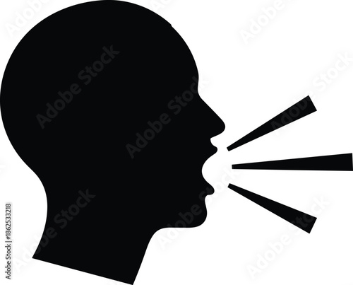 Black Silhouette Vector Illustration of a Human Head Profile Shouting or Speaking Loudly with Sound Waves for Communication and Announcement Concepts