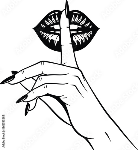 Minimalist Black and White Line Art Illustration of a Female Hand with Long Nails Making a Silence Shh Gesture Over Lips