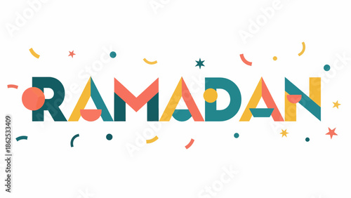 Ramadan Celebration Greeting with Colorful Geometric Shapes and Confetti