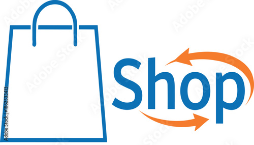 Online shopping logo design featuring blue shopping bag icon with orange arrows and shop text for e-commerce retail business vector illustration.