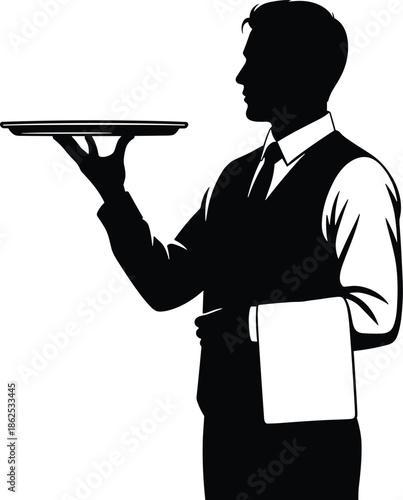 Professional Male Waiter Silhouette Carrying a Service Tray with a White Napkin Over Arm for Restaurant Catering and Fine Dining Hospitality