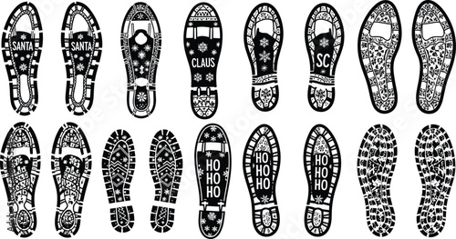 Decorative Christmas Santa Claus Footprint Stencil Collection with Snowflake Patterns and Festive Ho Ho Ho Text for Holiday Floor DIY Decor