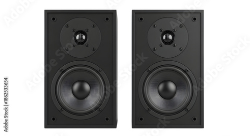 Pair of black professional studio monitor bookshelf speakers isolated on white background