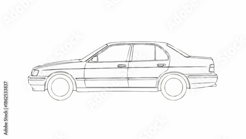 Detailed Line Art Depiction of a Classic Sedan Car.