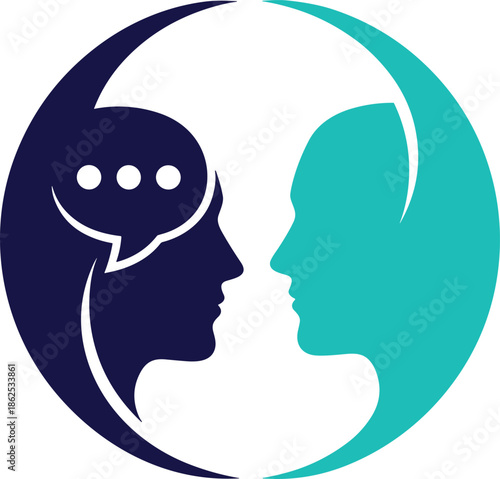 Abstract Vector Illustration of Two Human Head Silhouettes in a Circle Representing Mental Health Communication Therapy Dialogue and Psychological Connection