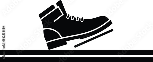 Black Work Boot Silhouette Stepping on Line Pedal or Brake for Safety Footwear Industrial Work Progress and Manual Labor Motion Graphic Design Illustration