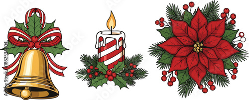 Vintage Christmas Illustration Set with Golden Bell Red Poinsettia Flower and Burning Candle for Holiday Greeting Cards and Festive Winter Decor