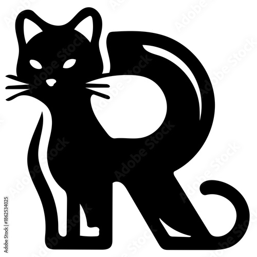 Stylized black cat silhouette with creative letter R integration