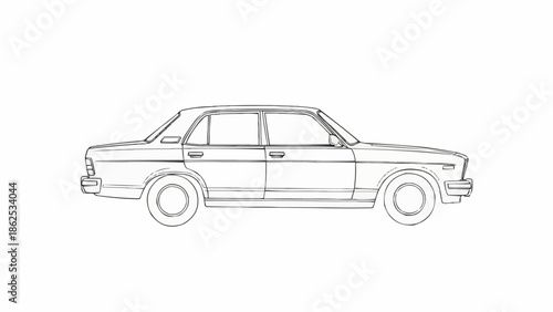 Classic Sedan Car Line Art Illustration on White.