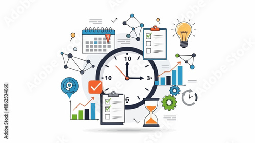 Time Management and Productivity Illustration with Clock, Calendar, and Charts.