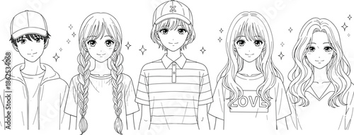 Anime Manga Style Character Group with Diverse Hairstyles and Outfits Line Art Vector Set for Coloring Book and Teen Fashion Illustration