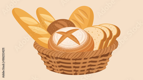 Delicious assortment of freshly baked bread in a rustic woven basket, perfect for any bakery or food-related design