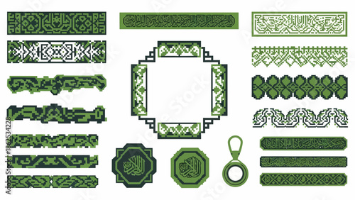 Collection of green decorative borders and geometric patterns with a central octagonal motif and a circular metal ring