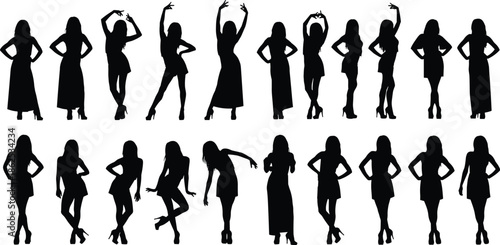 Black silhouettes set of fashion models and elegant women posing in various dresses for beauty style clothing and glamour concepts